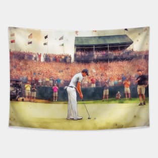 Artistic illustration of golfer putting on the 18th green Tapestry