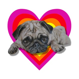 Adorable realistic pug painting on a digital vibrant heart T-Shirt