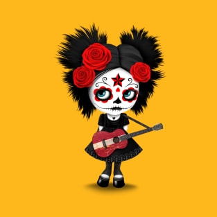 Sugar Skull Girl Playing Latvian Flag Guitar T-Shirt