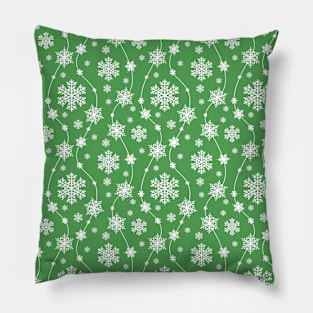 Bright Dark Green and Winter White Snowflakes Pattern Pillow