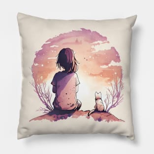 Girl and a cat watching the sky Pillow