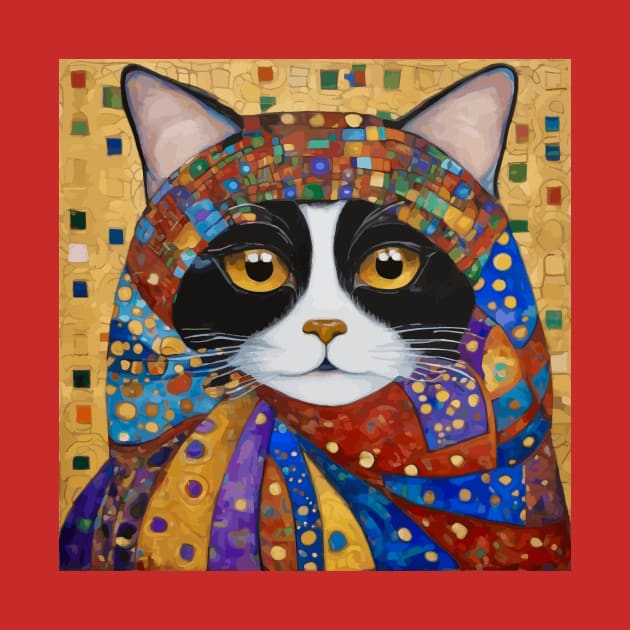 Gustav Klimt Tuxedo Cat with Colorful Scarf by bragova