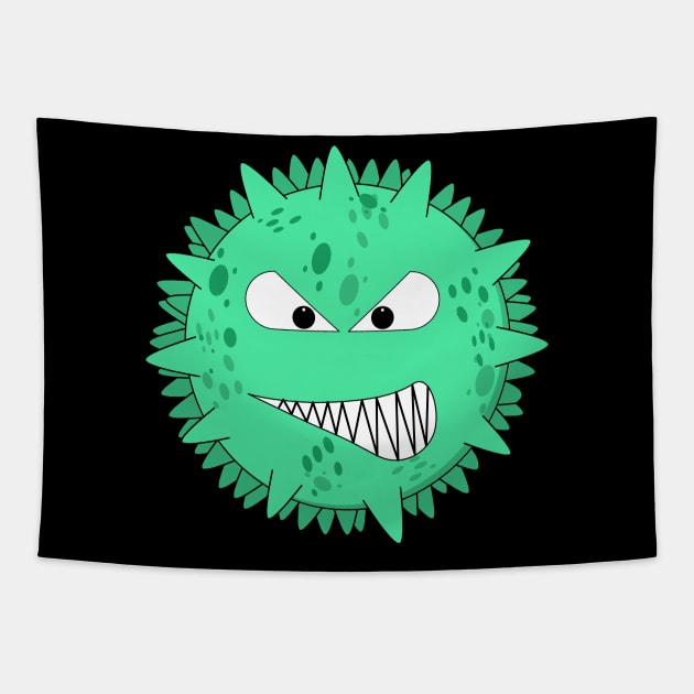 Angry turquoise virus with fierce eyes Tapestry by All About Nerds
