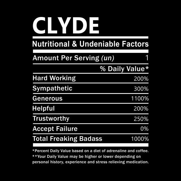 Clyde Name T Shirt - Clyde Nutritional and Undeniable Name Factors Gift Item Tee by nikitak4um