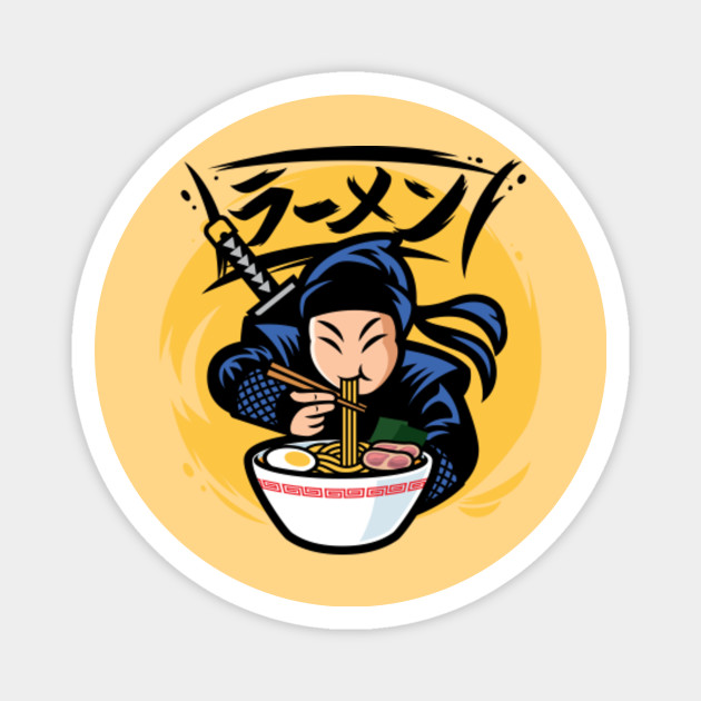 Cute Japanese Ninja Eat Ramen Noodles Vintage Drawing Illustration