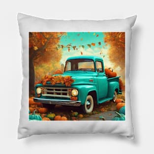 Cute Aqua Blue Vintage Little Pickup Truck Happy Fall Y'All Pillow