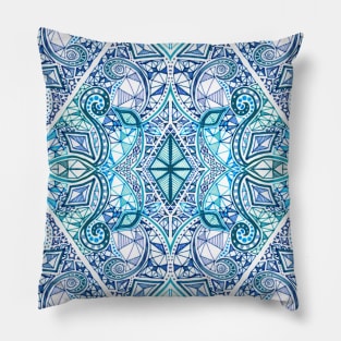 Blue and Teal Diamond Doodle Pattern Pillow