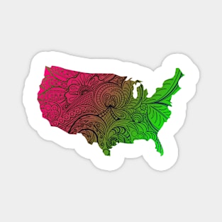 Colorful mandala art map of the United States of America in dark pink and green Magnet