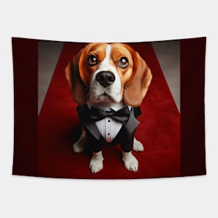 Sad beagle dog in formal tuxedo on red carpet Tapestry