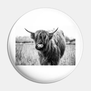 Highland Cow Landscape, Black and White Pin