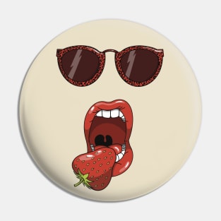 Mouth about to eat a delicious red strawberry while wearing matching red leopard print sun glasses. Pin