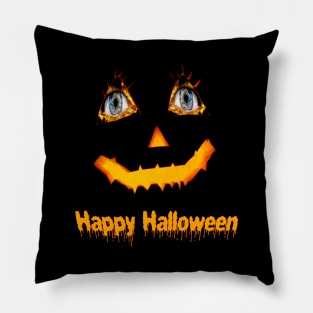 Scary carved Jack O Lantern pumpkin face for Halloween with fiery blue eyes. Pillow