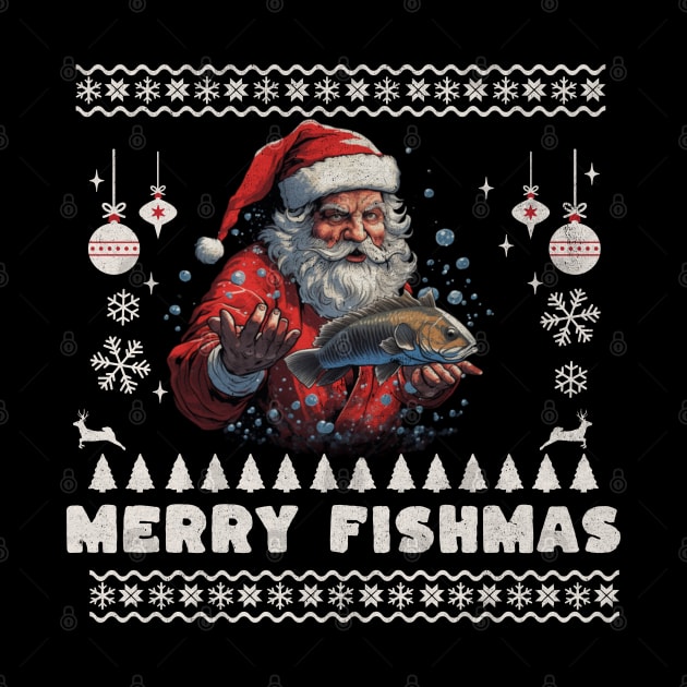 Merry Fishmas Santa Fishing Ugly Christmas Sweater by VisionDesigner