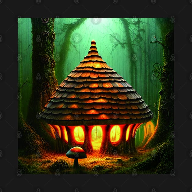 Magical Big Cottage Mushroom House with Lights in Forest with High Trees, Mushroom Aesthetic by Promen Art