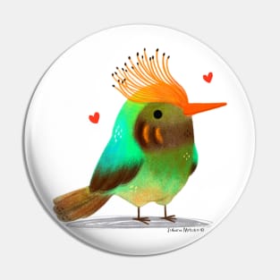 Rufous Crested Coquette bird with hearts Pin