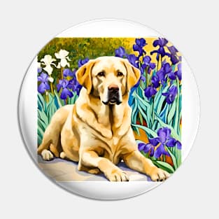 Labrador Retriever Amongst Blue Irises Pin