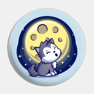 Cute Wolf Roar With Moon Cartoon Pin