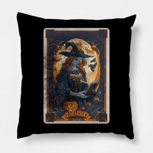 The Reader Retro Distressed Witch Halloween Tarot Card Pillow