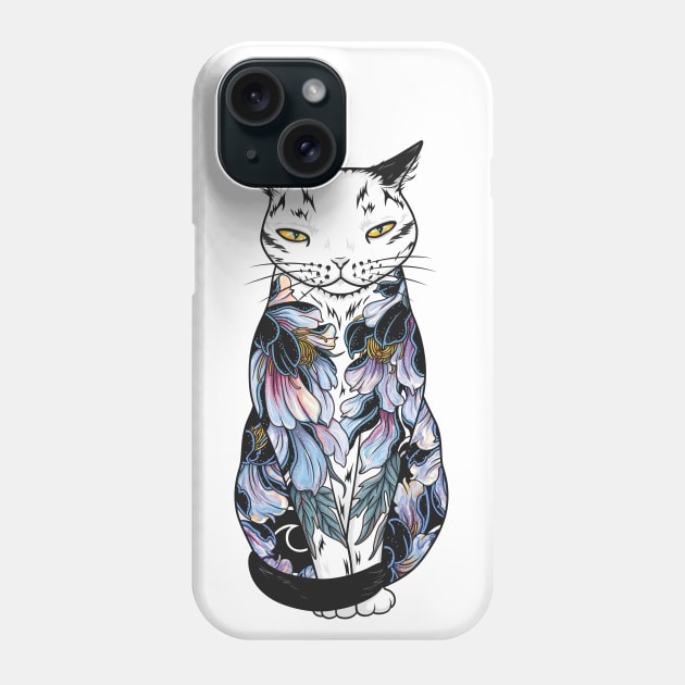 Cat in cosmic black peonies tattoo Phone Case by runcatrun