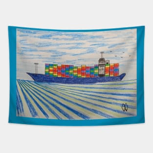 Container ship with cargo going across the ocean Tapestry