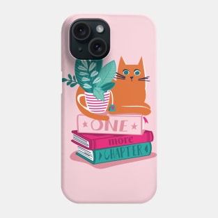 One more chapter // spot // pastel pink background orange tabby cat striped mug with plants orange teal and yellow books with quote Phone Case