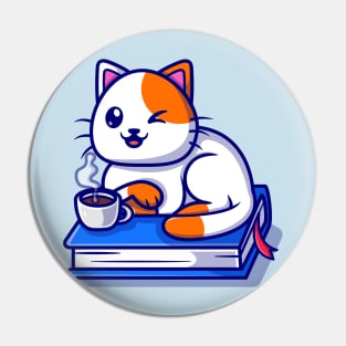 Cute Cat Sitting On Book Cartoon Pin