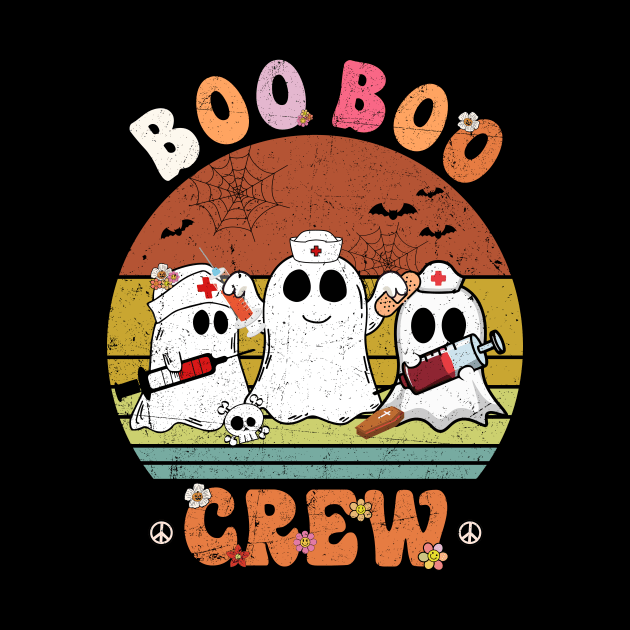 Retro Boo Boo Crew Nurse Ghost Funny Halloween Costume Matching T-Shirt by WoowyStore