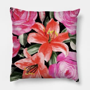 Roses and Lilies in watercolor Pillow