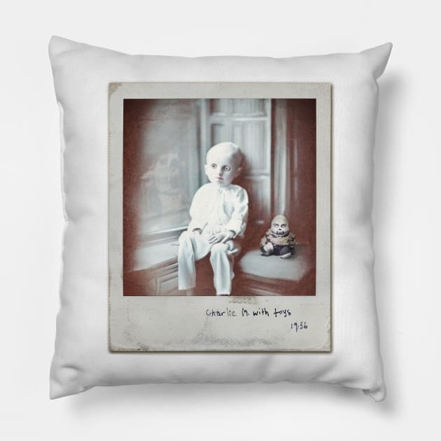 Ghost Caught on Camera | Vintage Ghost Boy Photo | Scary Old Ghost Images | Charlie M. with Toys 1936 Pillow by Tiger Picasso