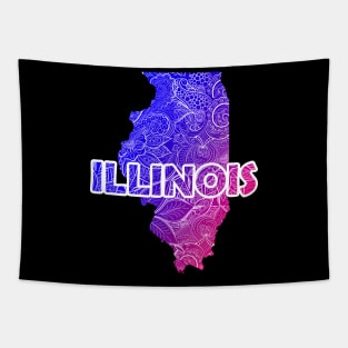 Colorful mandala art map of Illinois with text in blue and violet Tapestry