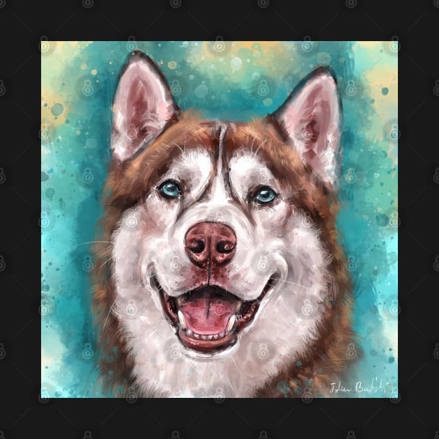 Brown and White Siberian Husky Smiling on Blue background by ibadishi