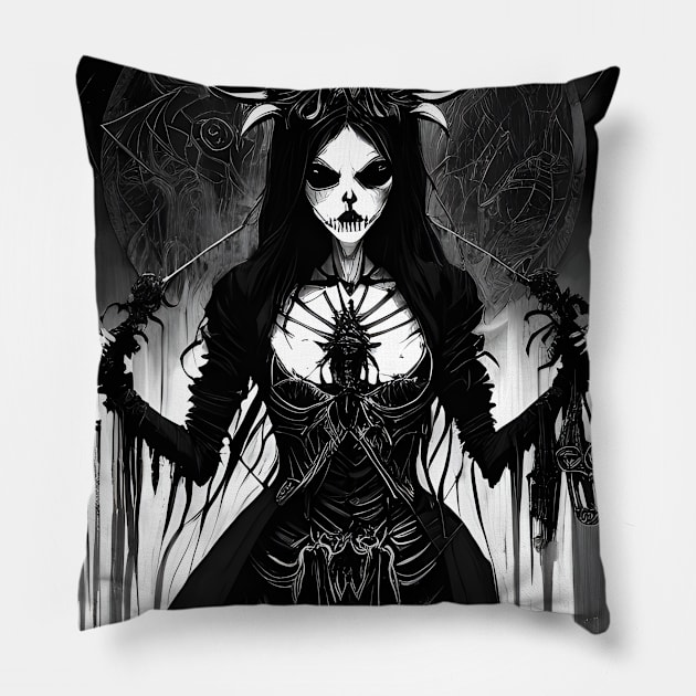 Grim Beauty: Embracing the Dark Side with Black and White Art Pillow by ShyPixels Arts