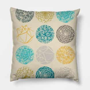 Abstract pattern with organic hand drawn circular shapes in blue, gray and yellow shades by Akbaly Pillow