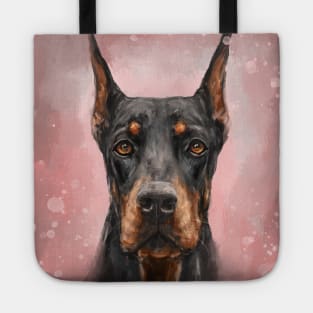 Painting of a Gorgeous Black and Gold Doberman on Pink Background Tote