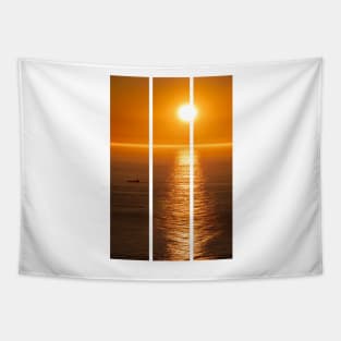 Wonderful landscapes in Norway. Nord-Norge. Beautiful scenery of a midnight sun sunset at Nordkapp (Cape North). Boat and globe on a cliff. Rippled sea and clear orange sky. (vertical) Tapestry