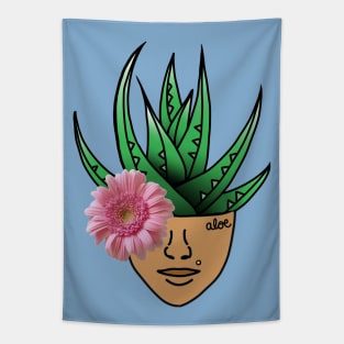 Aloe Plant on a Surreal Human Face, Wearing a Pink Gerber Daisy Eyepatch. Tapestry