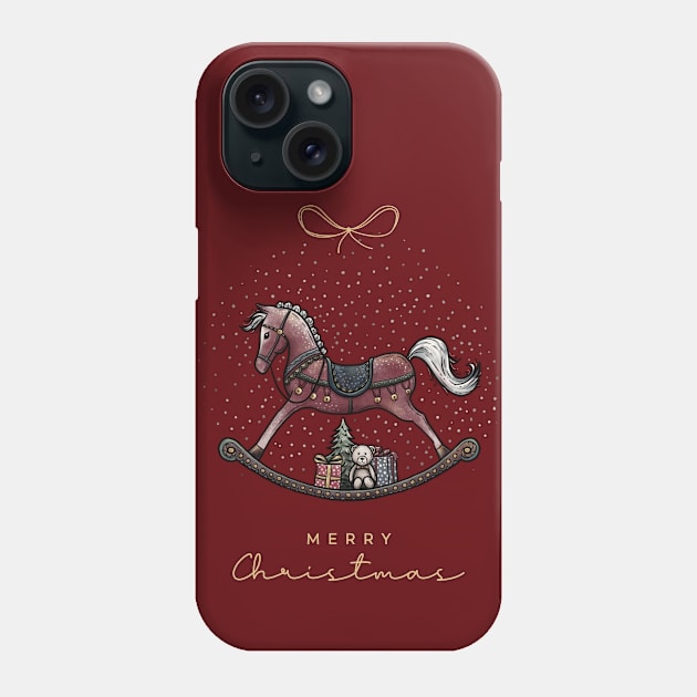 Merry Christmas lettering with Rocking Horse illustration, cute bear, gifts and Christmas tree on a blue snow background. Phone Case by ChrisiMM