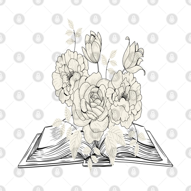 Nice flowers growing from an open book line art, vintage flowers growing out of a book illustration by Modern Art