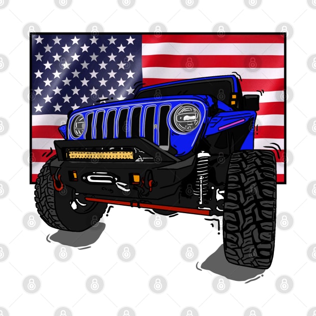 Jeep with American Flag - Blue Essential by 4x4 Sketch