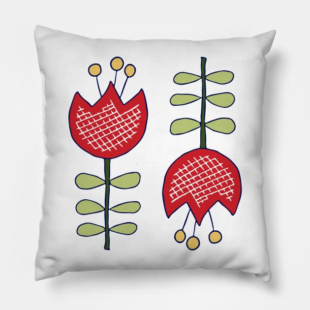 Red retro tulips on pink, seamless pattern Pillow by colorofmagic