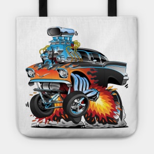 Classic hot rod fifties style gasser drag racing muscle car, red hot flames, big engine, lots of chrome, cartoon illustration Tote