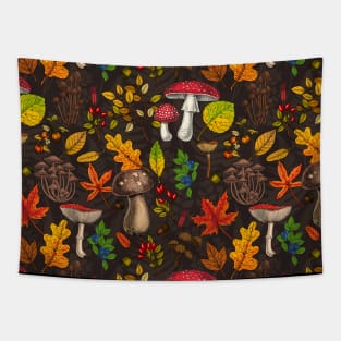 Autumn mushrooms, leaves, nuts and berries on dark brown Tapestry