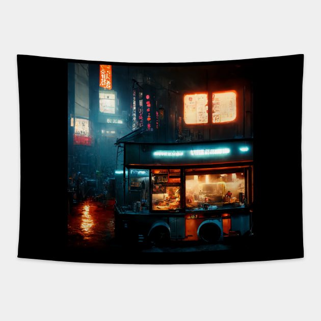 Ramen Truck - Cyberpunk Cityscapes Tapestry by ArkMinted