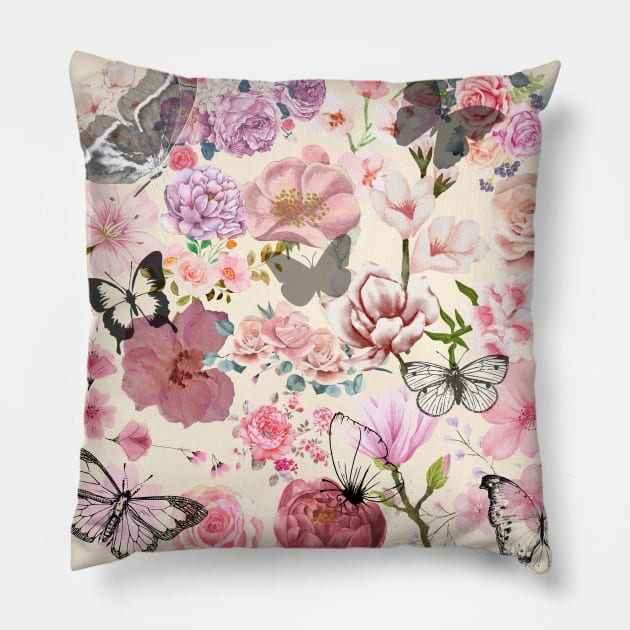 Vintage Flowers and Butterfly Floral Wallpaper Beige Background Pillow by GoodyL