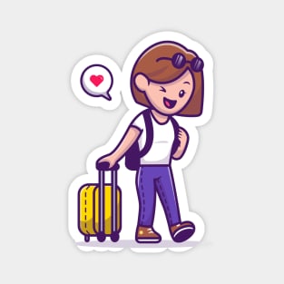 Woman Traveller Pulling Suitcase Magnet