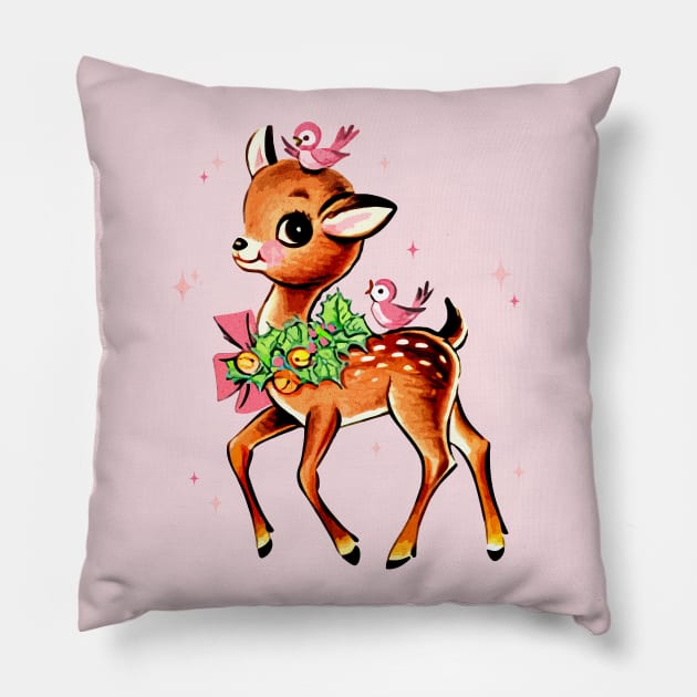 Retro Christmas Reindeer with Birds Pillow by PUFFYP