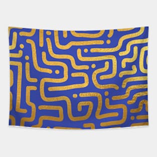 Indigo Blue Gold colored abstract lines pattern Tapestry