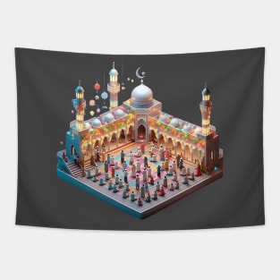 A mosque adorned with colorful lights and decorations, with families coming together for prayers and celebrations. Tapestry