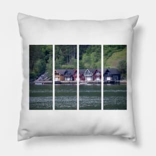 Wonderful landscapes in Norway. Vestland. Beautiful scenery of coloured houses facing the spectacular Sognefjord. Rainy day Pillow