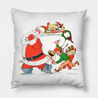 A boy cuts Santa's gift bag with scissors to steal toys on Merry Christmas night in the snow Retro Vintage Comic Cartoon Pillow